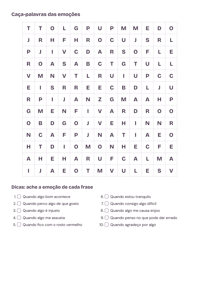 Caça-palavras das emoções